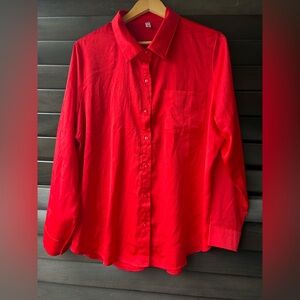 OMSJ Red Silky Long Sleeve Button Down Women's XL Blouse